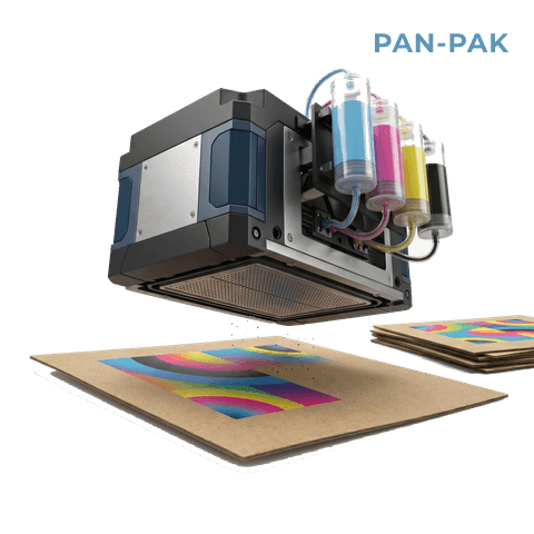 Industrijska inkjet print head sa CMYK ink rezervoarima iznad kartonske ploče, sa direktno odštampanim full color uzorkom — proces digitalne štampe na kartonu
